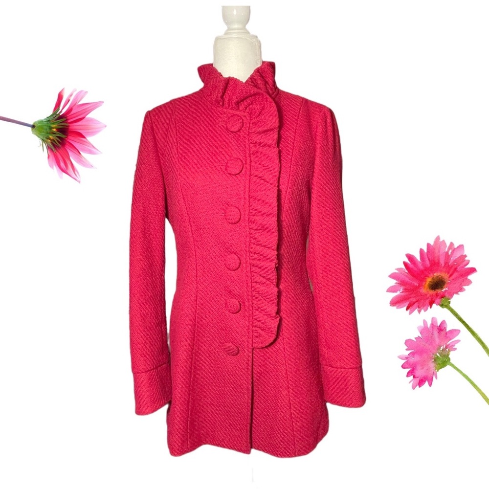 ANTHROPOLOGIE TULLE Wool Ruffle Button Front Coat Fuchsia Size M
